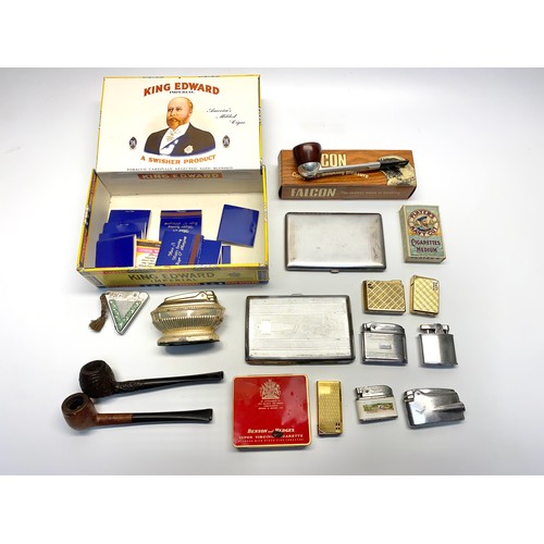 710 - Collection of vintage smoking items including Ronsons lighters, cigarette cases and pipes Inc Falcon... 
