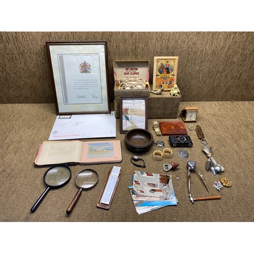 711 - Vintage items including a framed Golden wedding certificate From Queen Elizabeth and Philip with env... 