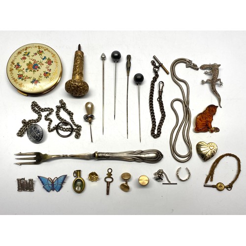 729 - Collection of small items, including a 18ct gold plated walking stick top, stratton compact, silver ... 