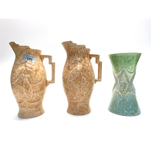 748 - Pair of ceramic Art Deco Royal jugs 20cm and a mottled Blue/Green Sylvac vase 19cm tall.