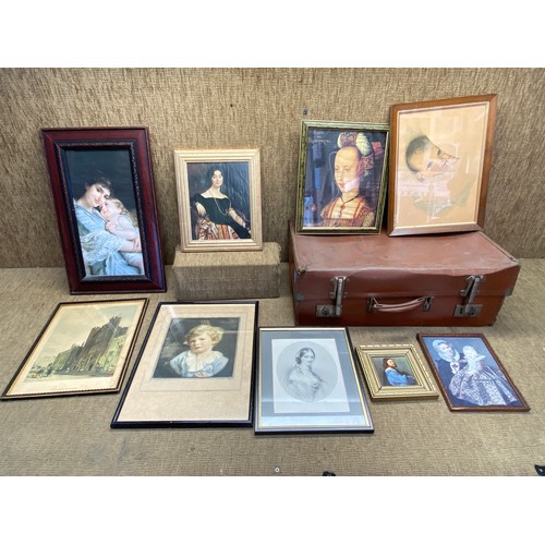 1161 - Selection of antique framed prints with a vintage leather suitcase.