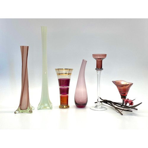 769 - Collection of studio glass vase and candle holder.