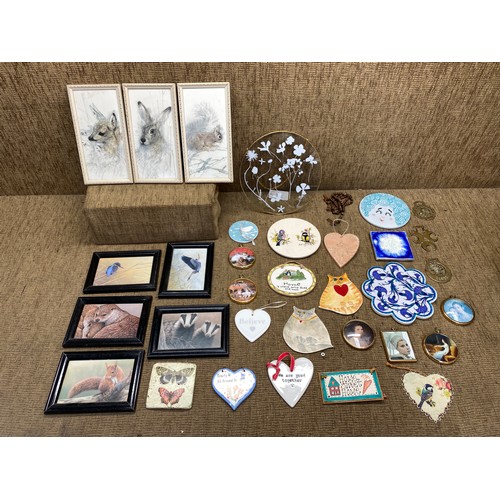760 - Selection of ceramic decorative plaques and miniature framed animal prints.