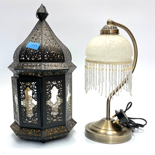 1221 - Moroccan style metal and glass lantern holder and a modern touch lamp.