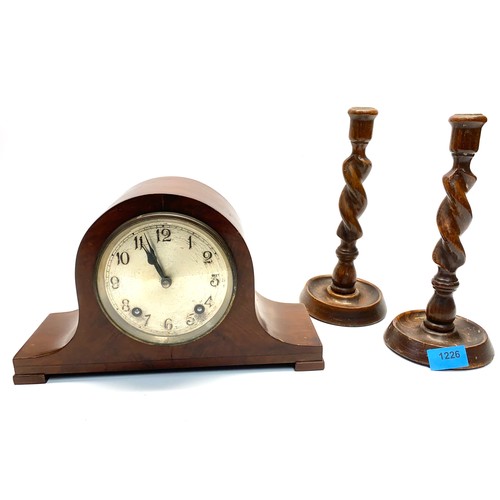 1226 - Pair of oak barley twist candle sticks and a napoleon hat mantle clock.