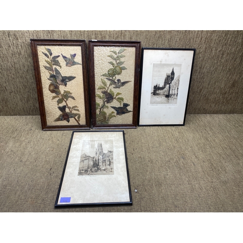 526 - Four antique pictures in frames including two signed lithographs by Oswald Fletcher and T way horn a... 