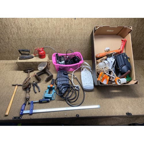 77 - Mixed tools including an Irwin Stud boarding clamp , cast iron shoe last  and multi room BT phone se... 
