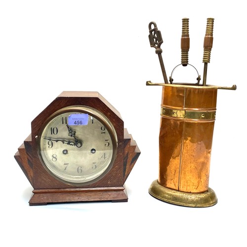 456 - Art deco wooden mantle clock and miniature brass fire companion set 38 cm.