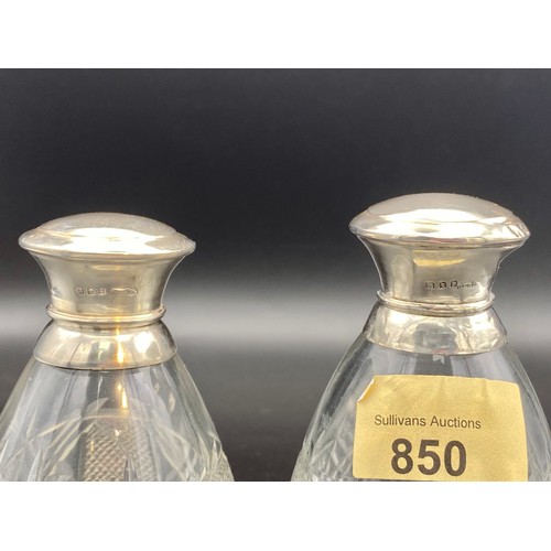 850 - Pair of Sterling silver scent bottles with crew tops. 12cm. London 1929 by H Pidduck & Sons.