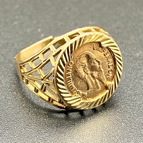 872 - 9ct gold ring (cut) Maximiliano Emperador coin weight 1.8g