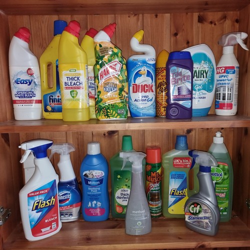 140 - Large quantity of cleaning and washing sprays and products.