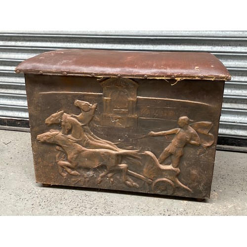 1176 - Brass blanket box with a Greek styled pressing (man riding a four horse chariot).