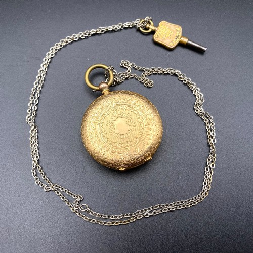 898 - 18ct gold ladies pocket watch by Hutchings of Cardiff. 35g total weight (working) with one key.