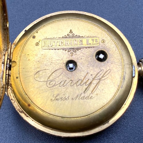 898 - 18ct gold ladies pocket watch by Hutchings of Cardiff. 35g total weight (working) with one key.