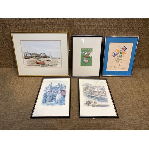 1186 - Framed prints including early sunlight soap advertisement and  watercolour by Michael Watkins.