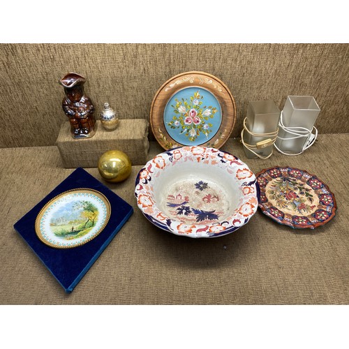 168 - Mixed items including large japanese wash bowl , toby jub and hand painted wooden dish.