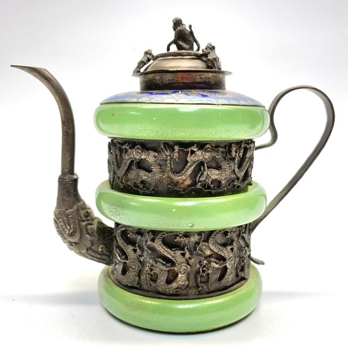 746 - Chinese green jade dragon teapot and an blue enamel tea pot.