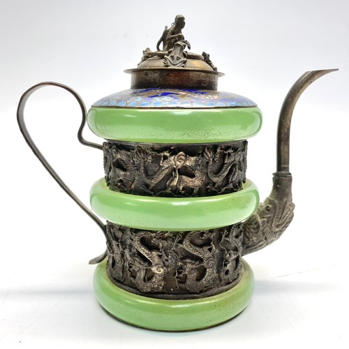 746 - Chinese green jade dragon teapot and an blue enamel tea pot.