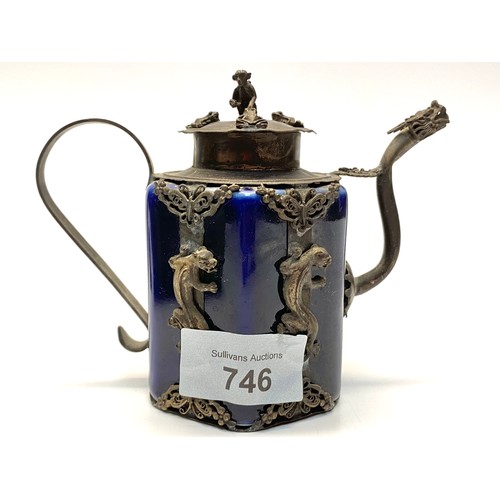 746 - Chinese green jade dragon teapot and an blue enamel tea pot.