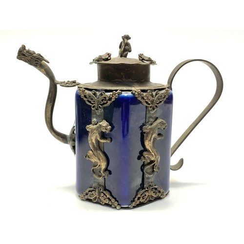 746 - Chinese green jade dragon teapot and an blue enamel tea pot.