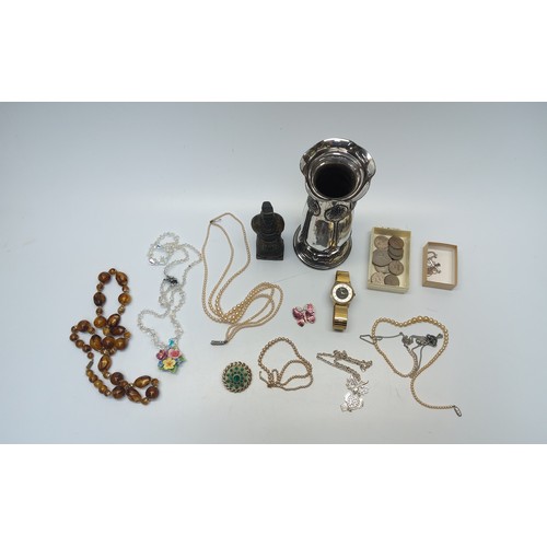 750 - Two silver pendants, art nouveau silver plate vase, costume jewellery and brooches, coins and a Chin... 