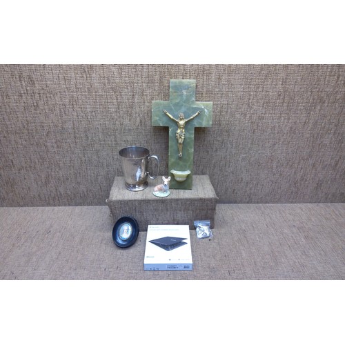 507 - Marble cross, coin and other collectibles.