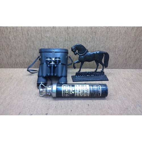 511 - Cast iron horse door stop, binoculars and vintage collectible fire extingutior.