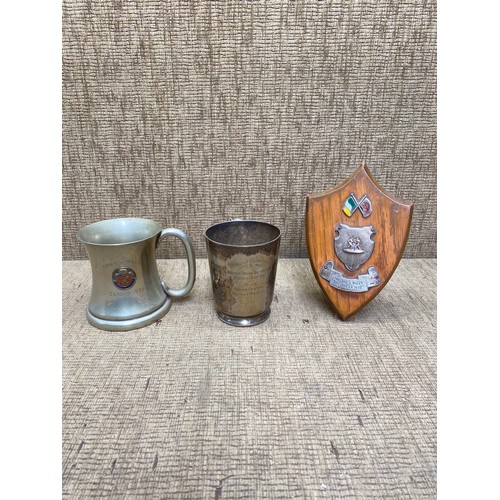 514 - 3 heavy silver plate items including: 2 heavy silver plated chalice and a commemorative plaque.