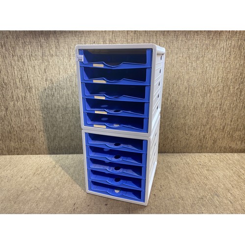 204 - 10 drawer double stacked desktop filing cabinet.