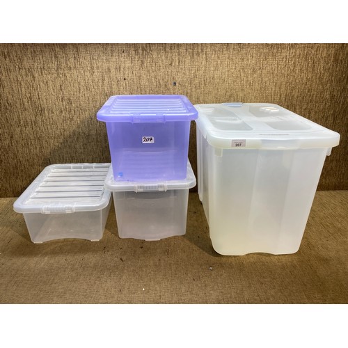 207 - Four various size plastic storage containers.