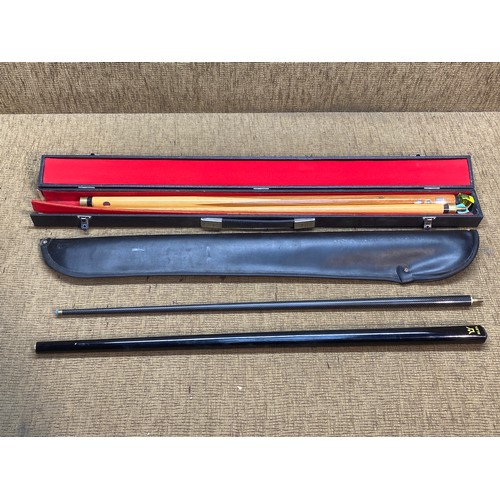 222 - Pool and snooker cues in cases.