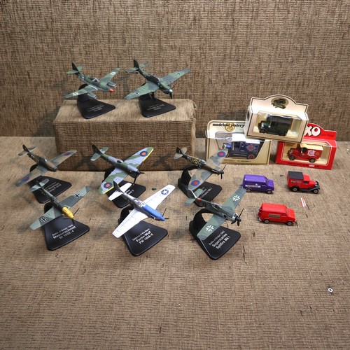 1248 - 6 die cast military model aeroplanes and boxes collectible cars.