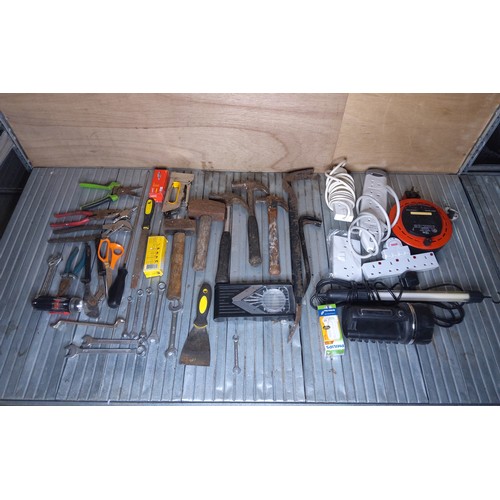 262 - Large collection of tools and electrics including: Olympia crowbar, extention leads and hammers.