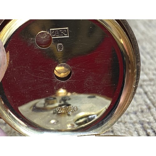 897 - 18ct gold ladies pocket watch 33.5g with movement, 4.5cm (working) with one key and fob bow.