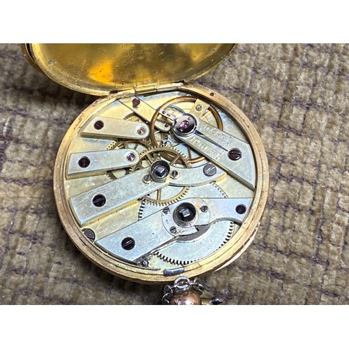 898 - 18ct gold ladies pocket watch by Hutchings of Cardiff. 35g total weight (working) with one key.