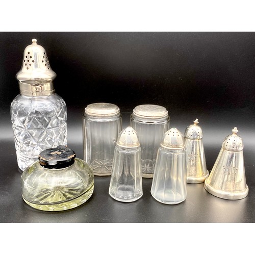 847 - Walker and Hall salt and pepper (booth). sugar shaker, ink well. Two dressing table bottles, and sil... 