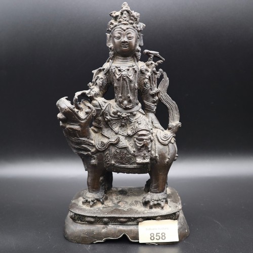 858 - Early Chinese Bronze figure of a Bodhisattva Manjushri sitting on a lion. 23cm tall. Possibly Tibet ... 