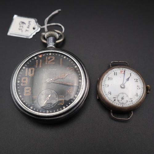 862 - WW2 Waltham pocket watch with broad arrow mark and a WW1 silver trench watch with hallmarks dating i... 