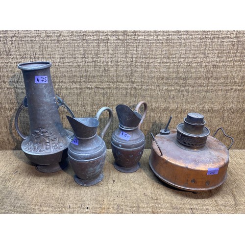 475 - Copper burner and vintage pouring jugs.