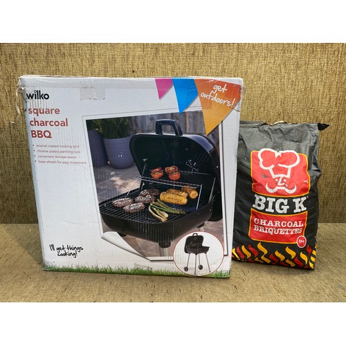 130 - Wilko square charcoal BBQ and Big am charcoal briquettes.