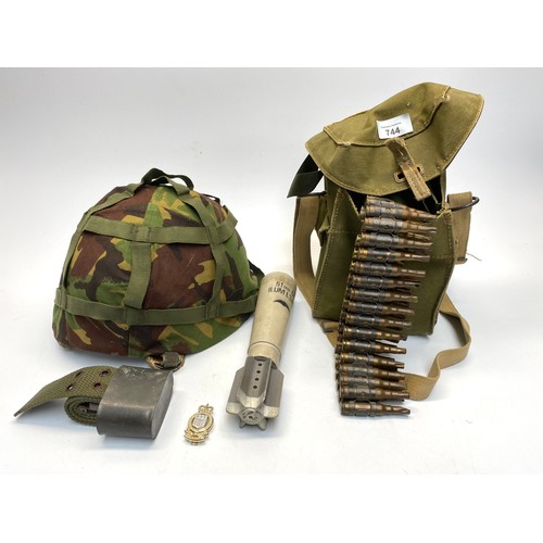 744 - Collection of military items including: French army helmet Dunois Cousance 1990, 1980s British milit... 