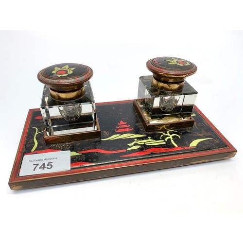 745 - Japanese cut glass double inkwell with brass trims.