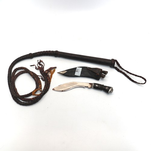 725 - Hand made woven leather whip and miniature kukri knife 26cm.