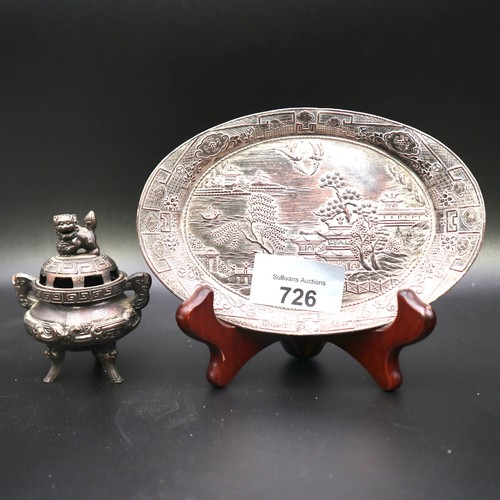 726 - Chinese scent burner (8cm) and white metal Japanese tray.