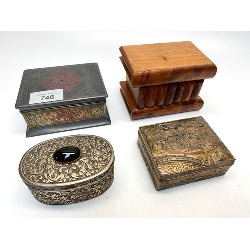 746 - 4 vintage boxes including: painted brass, Japanese, wooden puzzle and art nouveau trinket box.