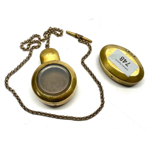 748 - Miners brass snuff box and pocket watch case with chain.