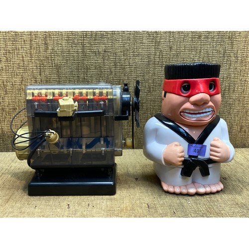 497 - Working electronic model of a combustion engine and signing collectible karate sensai cookie jar, 25... 