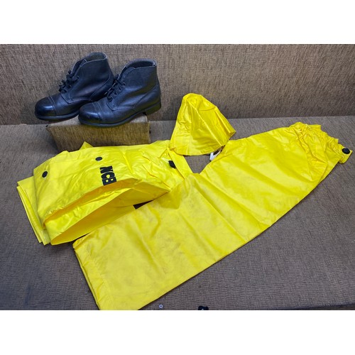 155 - As new vintage NCB equipment including heat and oil resistant boots size 9 and a waterproof mac.