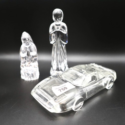 759 - 2 high quality cut crystal figures of Mary and Joseph and a cut crystal figure of a vintage car.