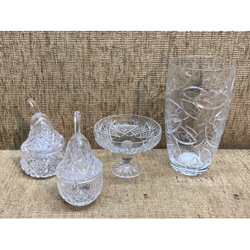 509 - 4 high quality cut crystal pieces including: a tall vase and pear serving dishes.